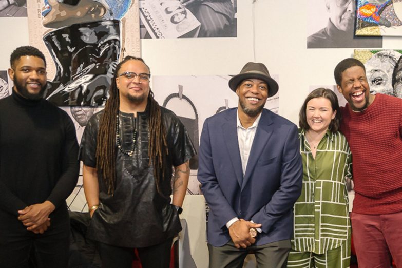 Audmax Inc Co-Founder and Director, Aundre Green (Centre) with visual artists (left to right) Lance Freeman, Hans Poppe, Nikkole Lebrun and Joseph Cain during a Black History Month 2024 event at the Blackhurst Cultural Centre (Toronto ON)